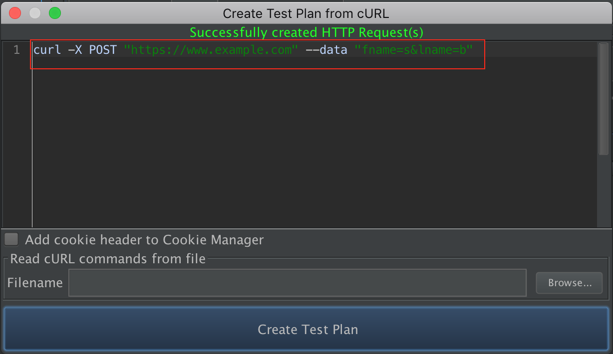 図 2.1 - テキスト パネルに curl コマンドを入力