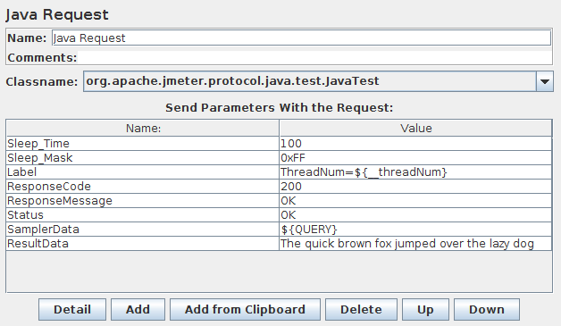Java Request のコントロール パネルのスクリーンショット