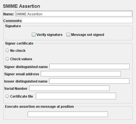 SMIME アサーションのコントロール パネルのスクリーンショット