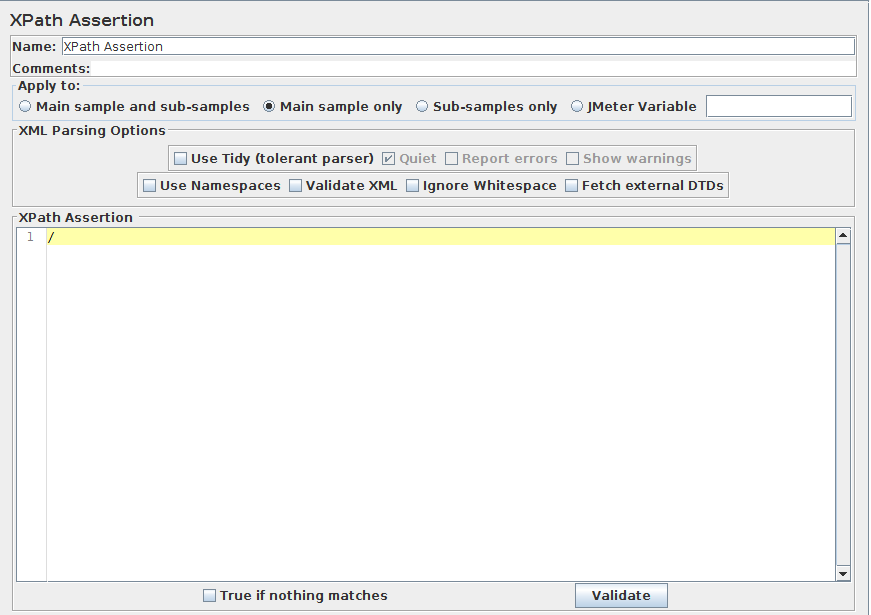 XPath アサーションのコントロール パネルのスクリーンショット